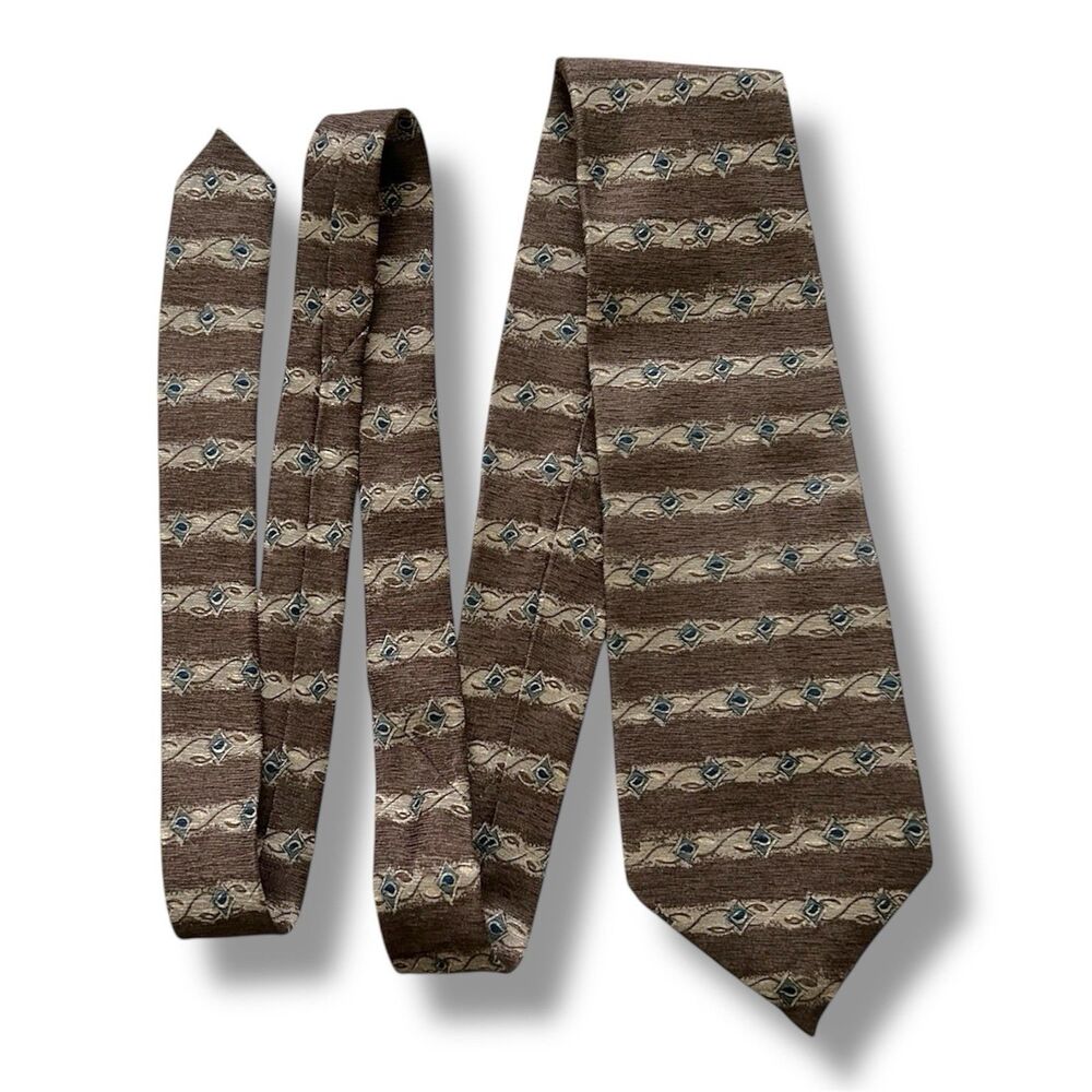 Vtg Brown & Beige Claiborne Men Tie 59” X 3.7” 90’s Style 100% Silk